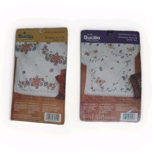 2 Bucilla Embroidery Dresser Scarf & Doily Set Butterflies & Floral Garland NEW
